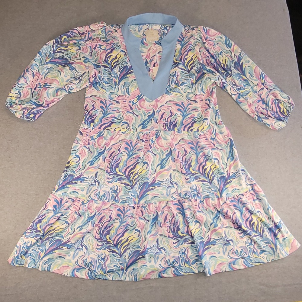 Simply Southern Dress Womens Large Blue Pink Swirl UPF 50+ Sun Block Tiered Mini